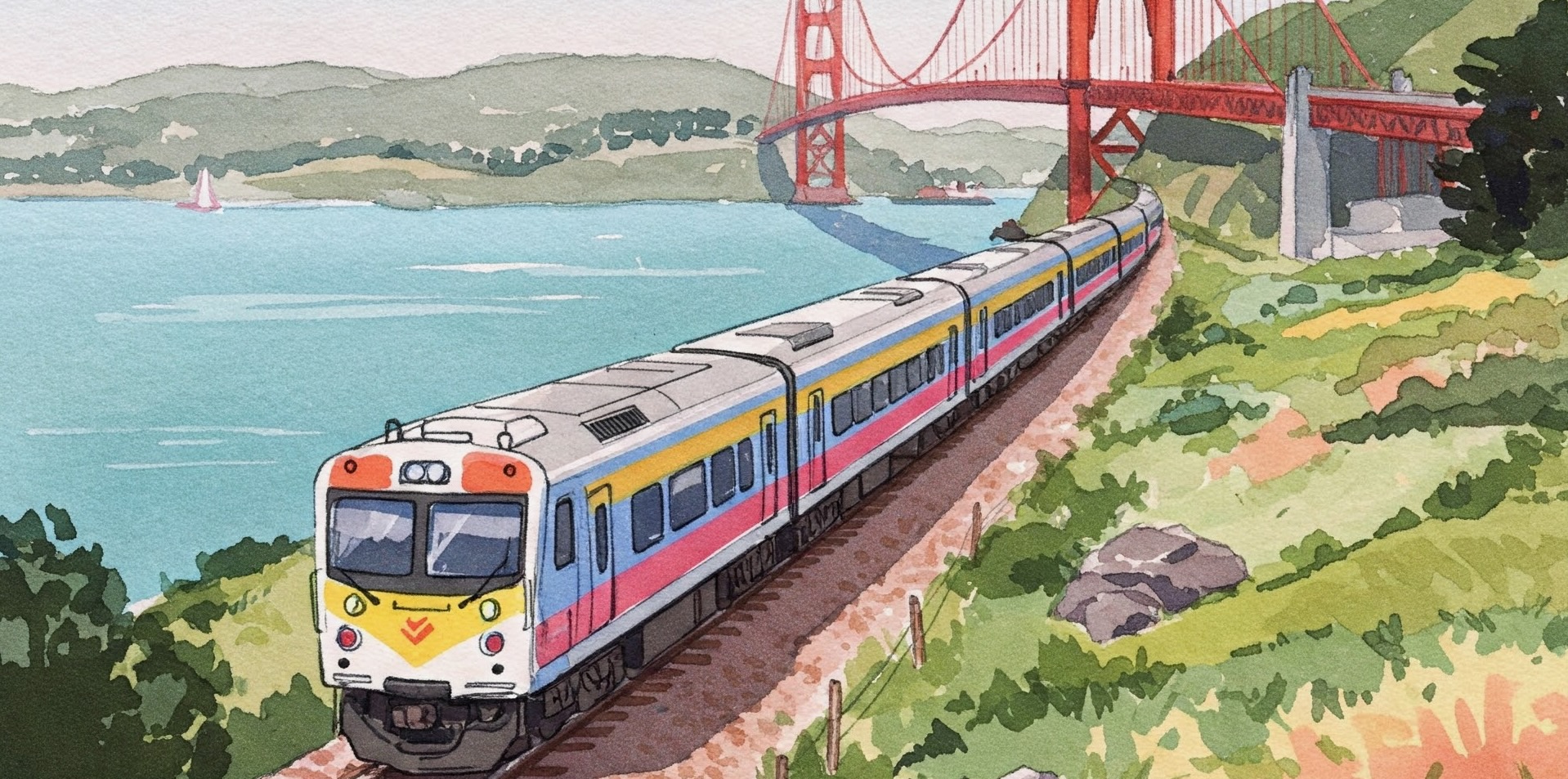 A nice AI-generated image of a train in the bay